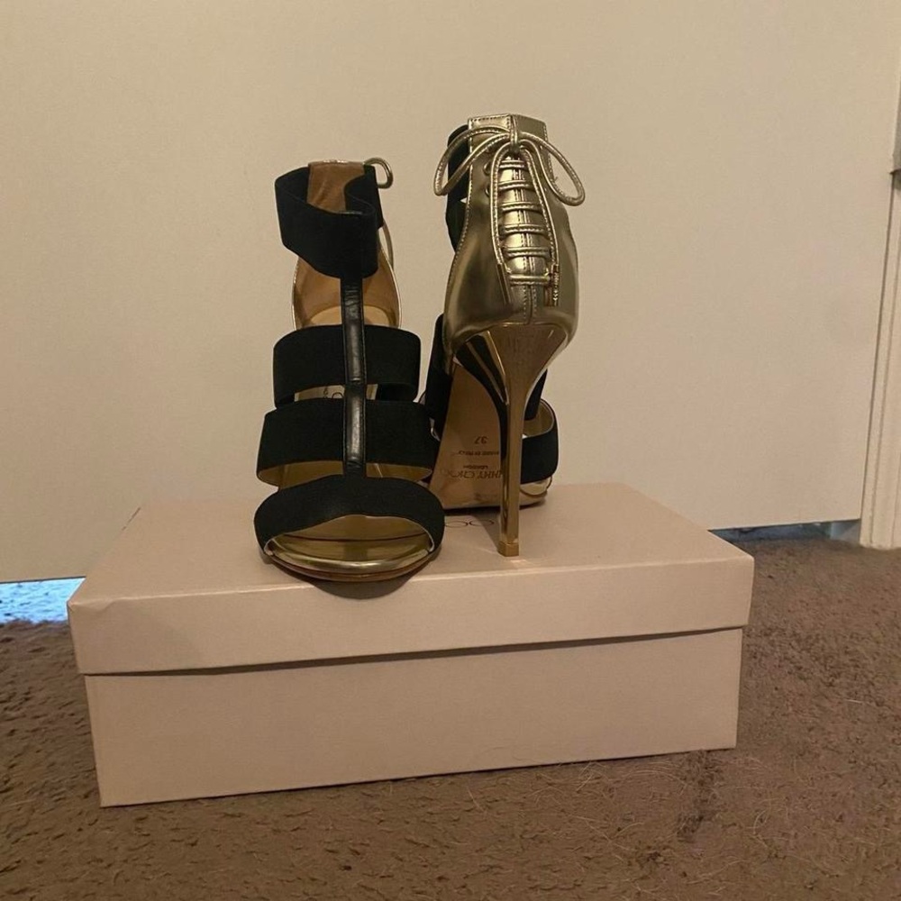 Jimmy Choo Black and Gold Heels Strappy Design